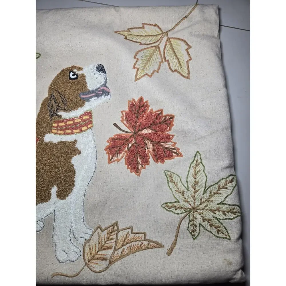 Pier 1 Embroidered Cotton Blend Square Pillow Dog with Scarf Fall Leaves 17x17in